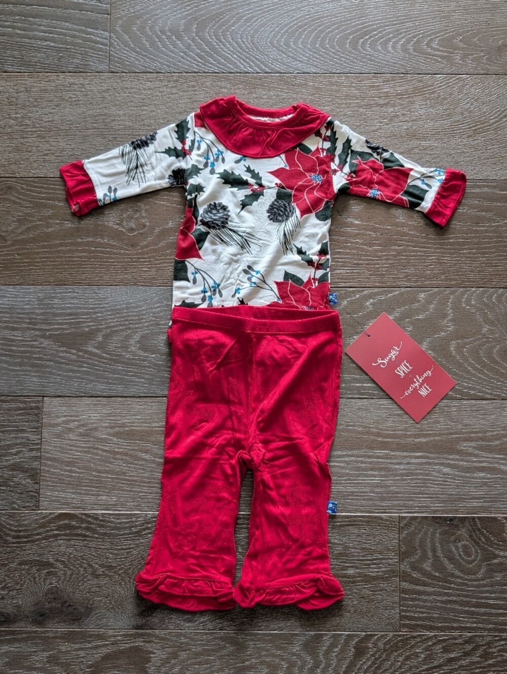 NWT Kickee Pants Long Sleeve Ruffle One Piece & Pant Set in Christmas Floral